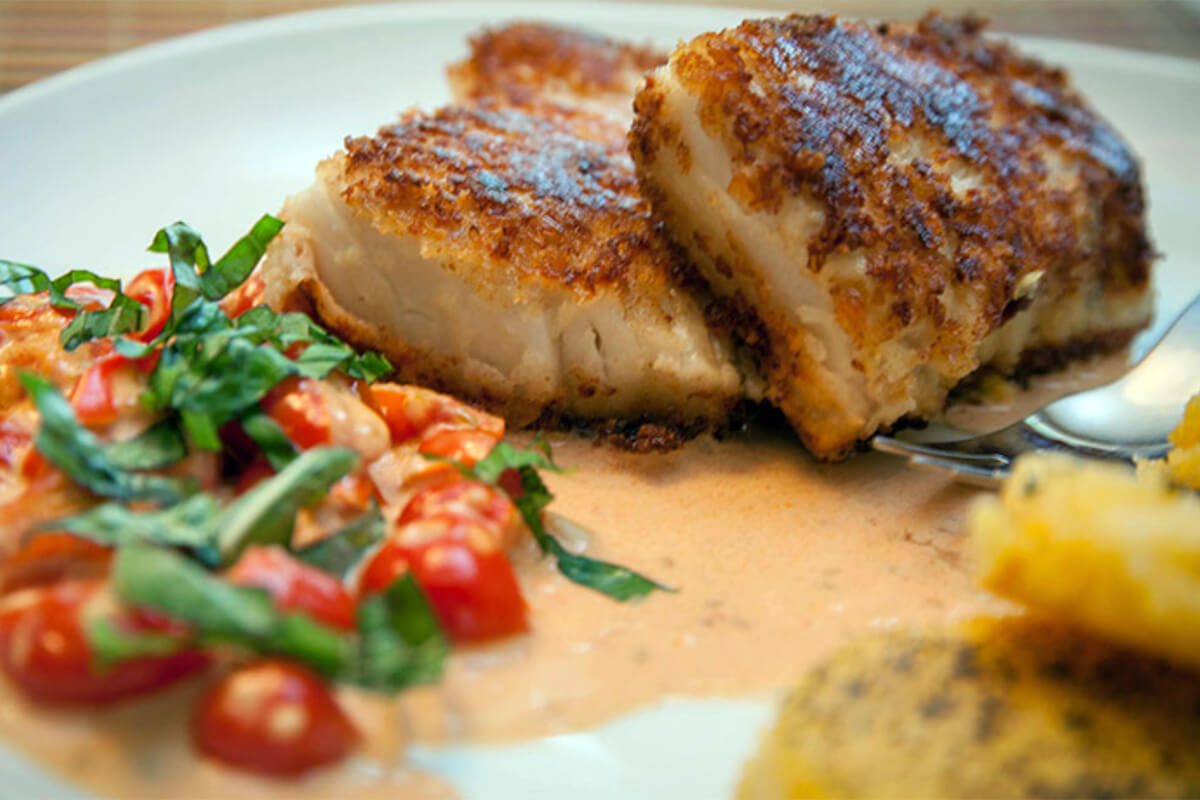 Parmesan Panko Crusted Fish & Tomato Basil Cream Sauce Recipe